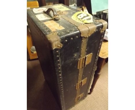 19th. C. leather metal bound travel trunk. 