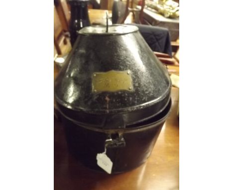 19th. C. tin military hat box with brass plaque inscribed J R MC George R E. 
