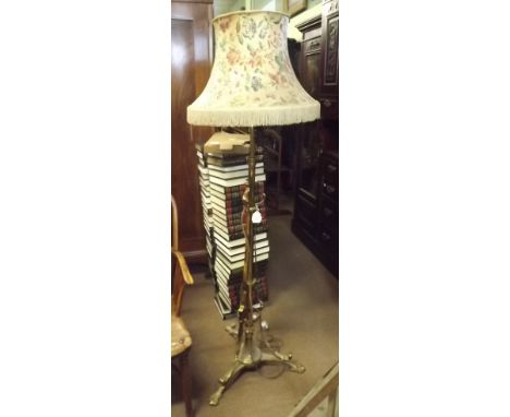 Victorian brass standard lamp with cloth shade. 