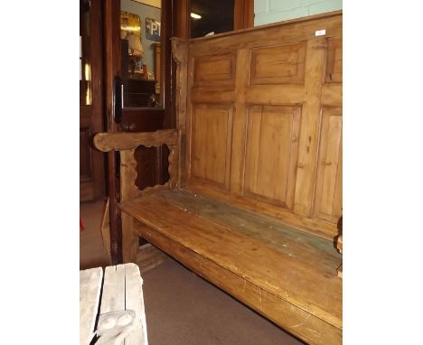 18th. C. stripped pine settle bench with raised panelled back. {152cm H X 190cm W X 68cm D }. 