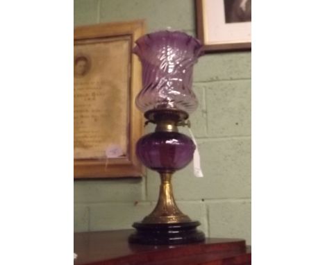 Victorian oil Lamp with Amethyst glass bowl and shade. 