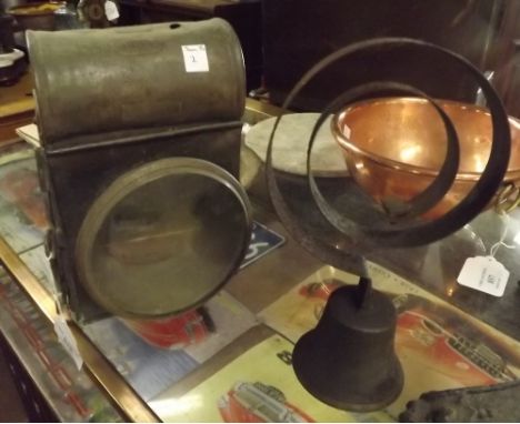 19th. C. brass railway lamp and a cast iron house bell. 