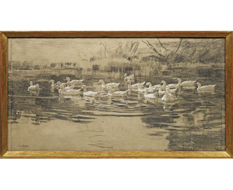 (1861 Obersasbach in Baden - 1948 Emmering bei Fürstenfeldbruck)Große Schar weißer EntenGroßformatige, impressionistische Zei