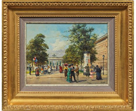 (Geb. 1935 Berlin. Ansässig in Göttingen)Sommertag vor dem Brandenburger Tor in Berlin um 1900Vielfigurige, sonntägliche Szen