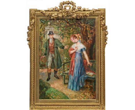 (1841 Steinhof - 1904 Wien)Rendezvous im ParkEin galanter, junger Herr überrascht seine Herzensdame beim Lesen auf einer idyl