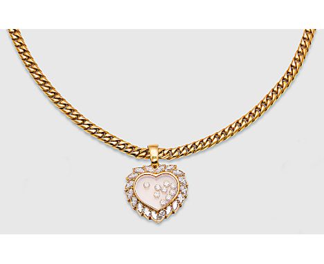 Gelbgold, gest. 750. Klassische Rundpanzer Collier-Kette, Herzanhänger ausgefasst mit 18 Diamantnavetten von zus. ca. 2,30 ct