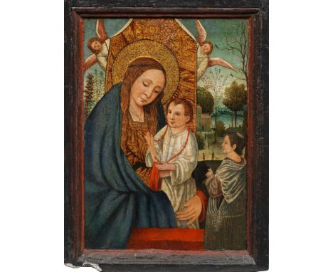 (Tätig um 1500-1550)Maria mit dem Kind, Hl. Dominikus und zwei EngelnDarstellung Mariens mit langem, offenem Haar und punzier