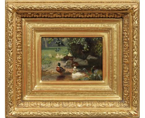 (1838 Windschläg - 1916 Pfaffendorf)Entenfamilie am TeichFür Jutz' Oeuvre in Motiv und Stil repräsentatives Tierstück, das di