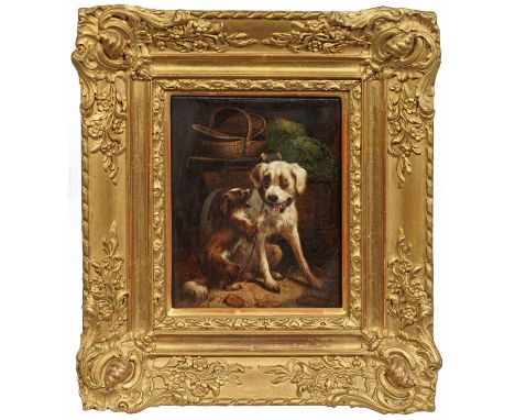 (1821 Amsterdam - 1909 Ixelles bei Brüssel)Großer und kleiner Hund im SpielKabinettbild der bedeutenden Tiermalerin. Als Schü