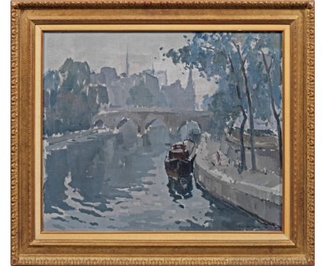 (1909 Paris - 2006 Casablanca)Paris-Ansicht mit Blick auf die SeineMit schnellem Duktus in silber- und blaugrauen Tönen gemal
