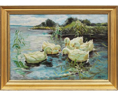 (1861 Obersasbach in Baden - 1948 Emmering bei Fürstenfeldbruck)Fünf weiße Enten am SeeuferImpressionistisches Werk Gräßels, 