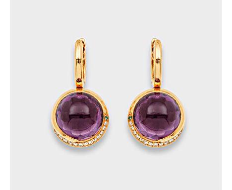 Roségold, gest. 750. Schauseitig besetzt mit fliederfarbenen Amethystcabochons von zus. ca. 16,05 ct., akzentuiert durch Bril