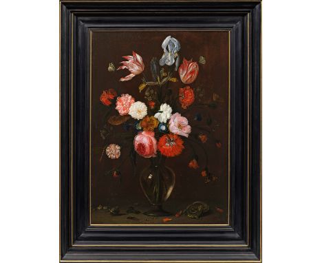 (1626 Antwerpen - 1679 ebenda)Blumenstrauß in Glasvase mit EidechseVor einem dunklen, diffusen Hintergrund komponierte Jan va