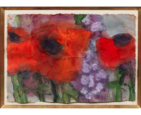 (Geb. 1938 Velbert/Rheinland. Tätig in Berlin und Gelting)Mohnblüten mit violetten LevkojenIn ausschnitthafter Komposition un