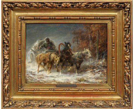 (1828 Frankfurt a. M. - 1899 Kronberg)Troikagespann im aufkommenden SchneesturmSeltenes, russisches Motiv Schreyers, der zu d