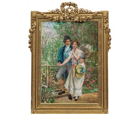 (1841 Steinhof - 1904 Wien)Liebespaar im ParkAn ein gusseisernes Geländer gelehnt steht das galante, liebevoll posierende Paa