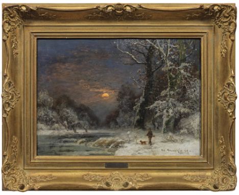 (1847 Dessau - 1914 Düsseldorf)Winterlandschaft mit pirschendem JägerStimmungsvolle Landschaft Schweitzers, der 1867-1875 an 