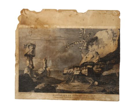 Monuments in Easter Island, 1777 engraving made by William Woollett after William Hodges, image 21 x 34cm,Print is very disco