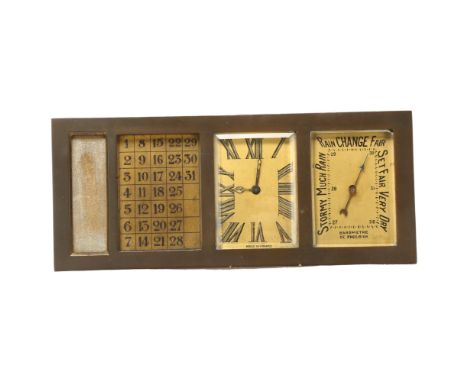 A French Art Deco combination desk clock/barometer/calendar, with gilded dials and brass strut case, width 19.5cm, height 8.5