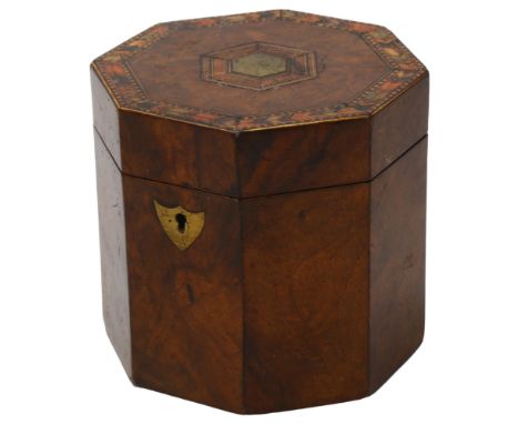 19th century walnut and parquetry inlaid octagonal tea caddy, with inner lid, width 11cm, height 11cmGood condition, general 
