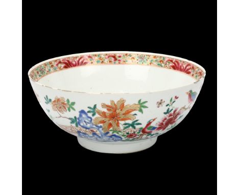 A large Chinese 18th century famille rose porcelain bowl, hand painted enamel and gilded decoration, diameter 29cmVarious rim