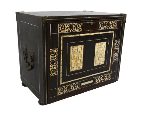 An 18th century Italian ebonised table-top cabinet with ivory engraved panels of Classical form, with rosewood veneer and pin