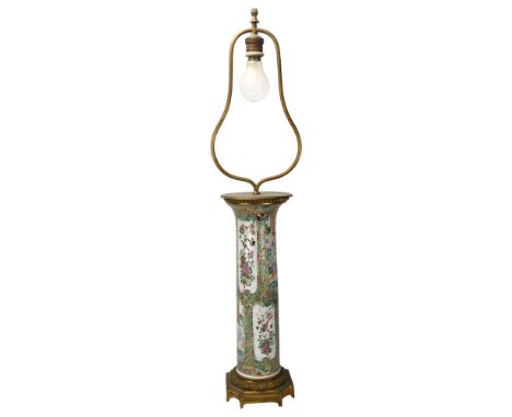 A Chinese famille rose porcelain and ormolu table lamp, hand painted and gilded enamel decoration, base height 42cm, overall 