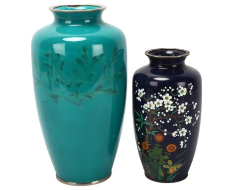 Japanese cloisonne enamel dark blue ground vase, height 18cm, and a turquoise ground cloisonne enamel vase, height 25cm (2)Da
