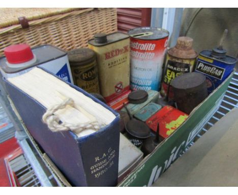 A box containing a quantity of vintage cycle related tins, including Romac, Redex, Dunlop etc 