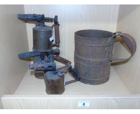 3 VINTAGE BLOW TORCHES & LARGE METAL JUG