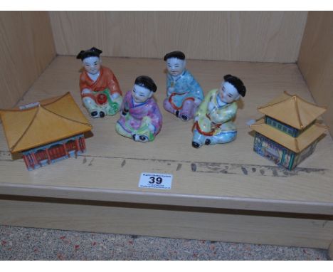 4 ORIENTAL CERAMIC FIGURES & 2 MUSICAL BOXES IN THE FORM OF PAGODAS