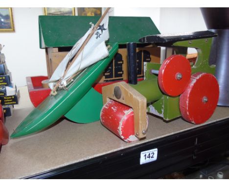 3 VINTAGE WOODENTOYS, NOAHS ARK, YACHT & TRAIN