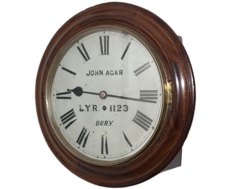 Lancashire and Yorkshire Railway 12in mahogany cased English fusee railway clock. The case with convex and concave surround a