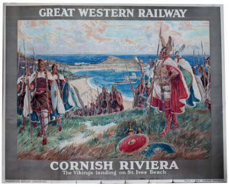 GWR poster CORNISH RIVIERA THE VIKINGS LANDING ON ST IVES BEACH by Percy Spence 1928. Quad Royal 40in x 50in. In good conditi
