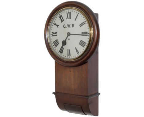 Great Western Railway 12in mahogany cased English fusee drop dial trunk railway clock. The case, with convex surround and a s