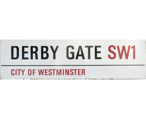 London Motoring FF enamel street sign DERBY GATE SW1 CITY OF WESTMINSTER. In excellent condition, measures 44in x 12in.