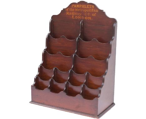 Metropolitan Railway mahogany leaflet rack, sign written in gold PAMPHLETS OF THE METROPOLITAN RAILWAY Co OF LONDON. Stands 1