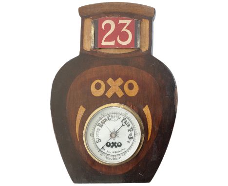 OXO advertising barometer in the shape of a jar of Oxo beef extract. Veneered mahogany with barometer engraved OXO for all we