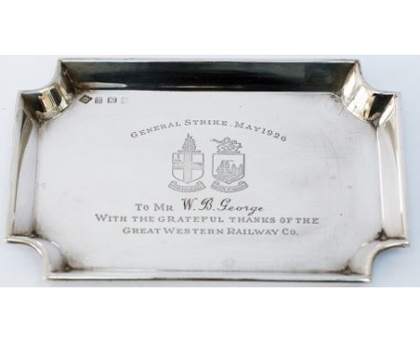 GWR solid silver miniature tray with full Great Western Railway Twin Shield Coat of Arms and GENERAL STRIKE MAY 1926 TO MR W.