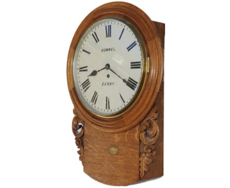 Midland Railway 12in oak cased drop dial English fusee railway clock by John Hummel of Derby circa 1850. The case with a conv