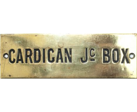 GWR hand engraved brass shelf plate CARDIGAN JC BOX. In very good condition measures 4.75in x 1.5in.