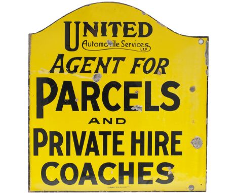 Bus motoring enamel sign UNITED AUTOMOBILE SERVICES LTD AGENT FOR PARCELS AND PRIVATE HIRE COACHES. Double sided, measures 17