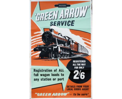 Poster BR WESTERN GREEN ARROW SERVICE by A. Wolstenholme with image of GWR Hall 7918 Rhose Wood Hall. Double Royal 25in x 40i