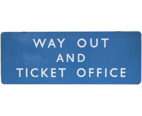 BR(Sc) FF enamel sign WAY OUT AND TICKET OFFICE measuring 48in x 18in. In good condition with a few chips.