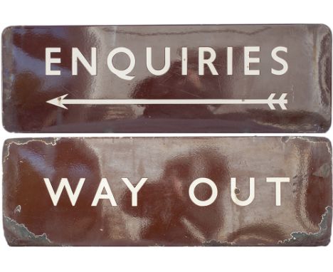 BR(W) FF enamel sign ENQUIRIES with left pointing arrow, measuring 36in x 12in, in good condition. Together with a similar WA