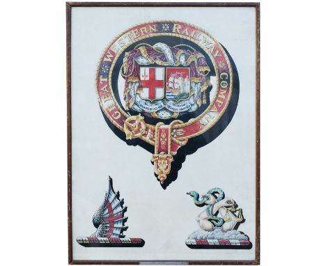 Original Armorial Bearings of the Great Western Railway Garter Design, hand painted and mounted on velum, circa 1878.  Framed