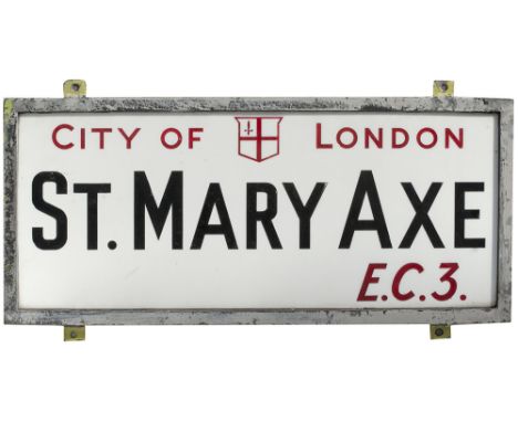 Motoring road street sign CITY OF LONDON ST MARY AXE EC3, china glass with original zinc plated steel frame. Measures 27in x 