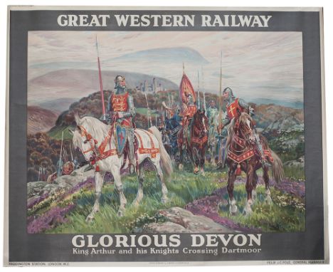 GWR poster GLORIOUS DEVON KING ARTHUR AND HIS KNIGHTS CROSSING DARTMOOR by Percy Spence 1928. Quad Royal 40in x 50in. In very