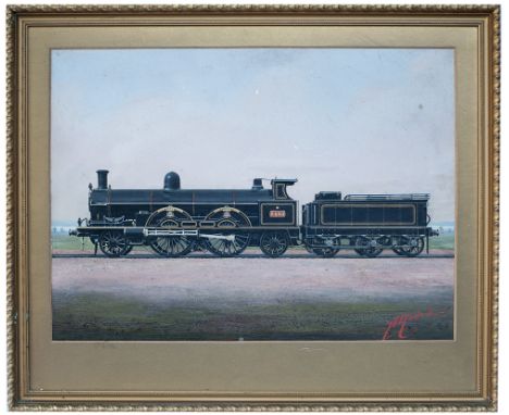 Original oil painting by F Moore of London & North Western Railway of 3 cylinder 2-2-2 No 3435 Queen Empress in lined L&NWR b
