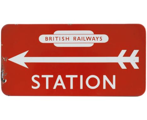 BR(NE) FF enamel direction sign STATION with British Railways in totem and left facing arrow. Measures 21in x 10.5in and is i
